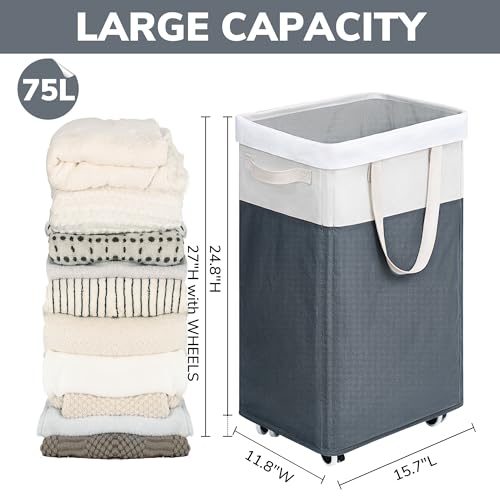 Goodpick Laundry Baskets 2-Pack, 75L Hamper with Wheels, Foldable Laundry Baskets with Removable Wash Bags, Rolling Laundry Hamper for Corner Dorm, Slim Laundry Basket, Grey&White - color: Grey & White 2-Pack