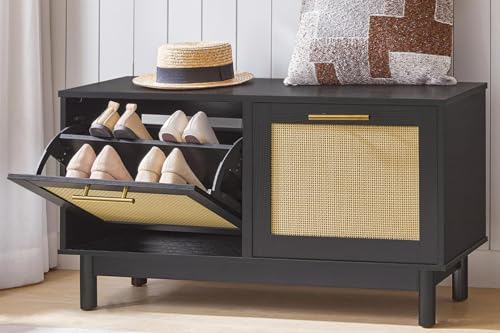 HOOBRO Rattan Shoe Storage Bench with Double Flip Drawers, Narrow Shoe Storage Organizer for Entryway, 11.8" D x 39.4" W x 20.9" H, Hidden Space Saving Wooden Shoe Cabinet for Hallway, Black BN51HX01 - color: Black