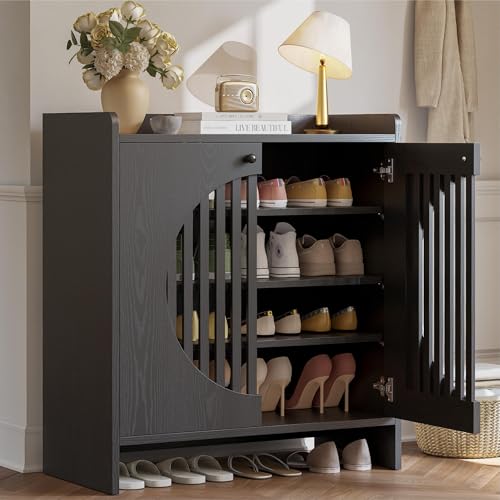 LIKIMIO Shoe Cabinet with Adjustable Shelves, 4-Tier Shoe Storage Cabinet with Slatted Doors, Freestanding Wooden Shoe Cabinet Storage for Entryway, Hallway, Living Room, Black - color: Black