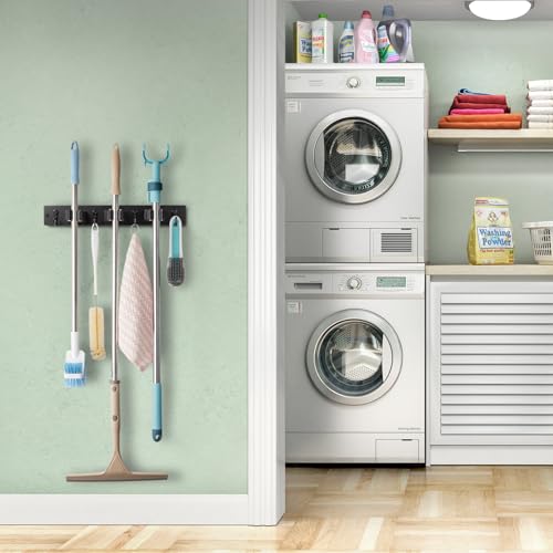 OUTNILI Black Mop Broom Holder Wall Mount with 3 Slots & 4 Hooks - Wood Broom Mop Hanger for Pantry Kitchen Organization - Garden Tool Organizer for Closet Laundry Room