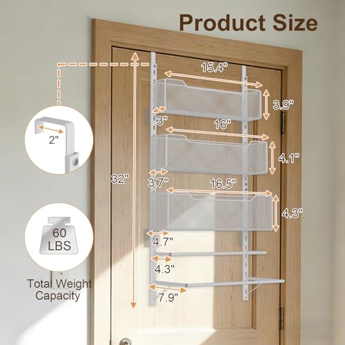 VyGrow Over the Door Storage Organizer with 3 Tier Mesh Baskets 2 Hanging Rods, 2 Mounting Options, Heavy Duty Clothes Hanger & Towel Rack for Bathroom Bedroom Office, White - color: White