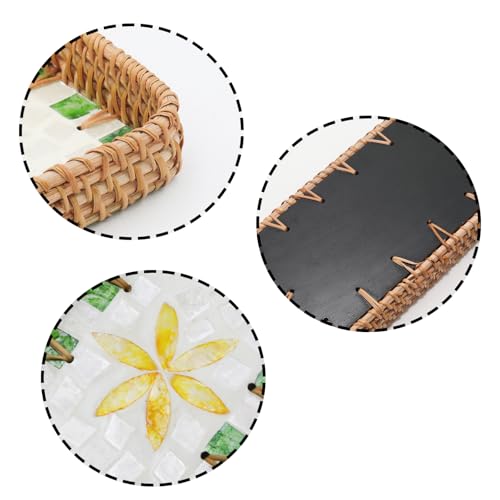 Rattan Serving Tray with Mother of Pearl Inlay, Small Rectangle Handmade Woven Storage Basket Decorative Tray for Home Decor, 8.3"x4.3" - color: Green Grid Yellow Leaves, size: 8.3" x 4.3" x 1.6"