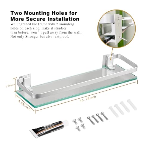 VOLPONE Glass Bathroom Shelf 15.7in Bathroom Shelf Wall Mounted Floating Glass Shelves with Towel Holder Glass Shelf for Bathroom 2 Tier (Sliver) - style: 2 tier with towel bar silver