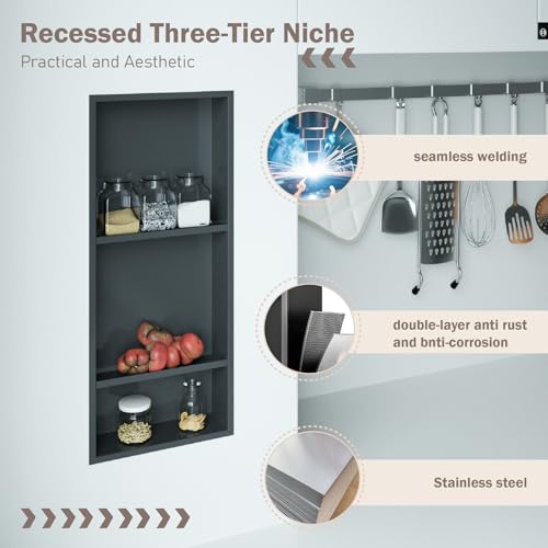 Stainless Steel Niche for Shower Wall，Shower Niche Insert Tile Ready ，Organizer Storage for Room，3-Tier Shelves ，Matte Black (Black，30 * 12 in) - color: Black, size: 30 * 12 in