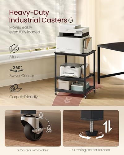 VASAGLE Printer Stand with Locking Wheels, Industrial Mobile Cart, Under Desk Printer Table for Home Office, 23.6 x 19.7 x 29.6 Inches, Storage Shelf, 3-Tier, Ebony Black - color: Ebony Black, size: 3 Tiers/Large