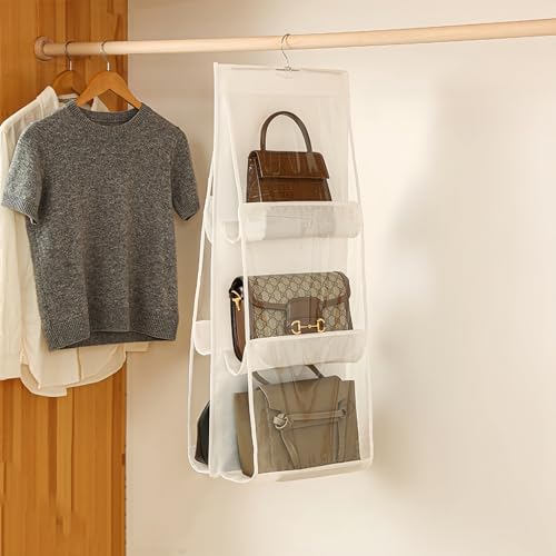 HAN SHENG 6 Pockets Clear Handbag & Purse Organizer Hanging Bag Storage - Space Saving Hanging Shelf for Closet, Wardrobe, Over Door (2 Pack, White) - color: White, size: 6 Pockets-2pcs