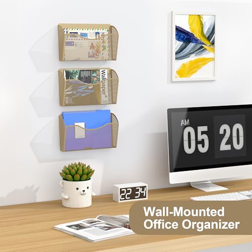 EasyPAG 3 Pack Wall File Organizer, Metal Mesh Hanging File Folder Holder for Letter/A4 Size Folders, Vertical Wall Mount Mail Sorter for Office Paperwork, Classroom, Gold - color: Gold