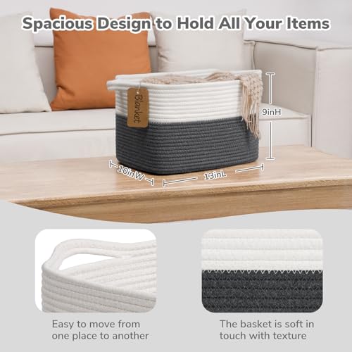Goodpick Woven Storage Basket for Shelves, Baskets for Organizing, Cotton Rope Baskets with Handles, Rectangle Basket for Baby Toy Storage, 13 x 10 x 9 Inches, White & Dark Gray - color: Dark Gray, size: 13"L x 10"W x 9"H