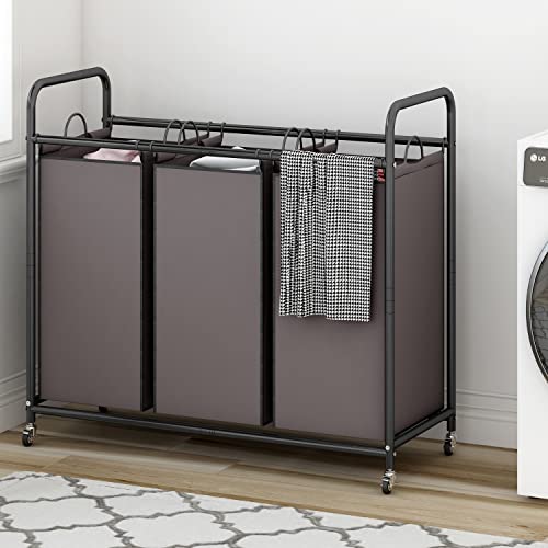 LINZINAR 3-Bag Laundry Sorter,Laundry Hamper Cart with Heavy Duty Rolling Lockable Wheels and Removable Bags (Brown) - size: 3 Bags Brown