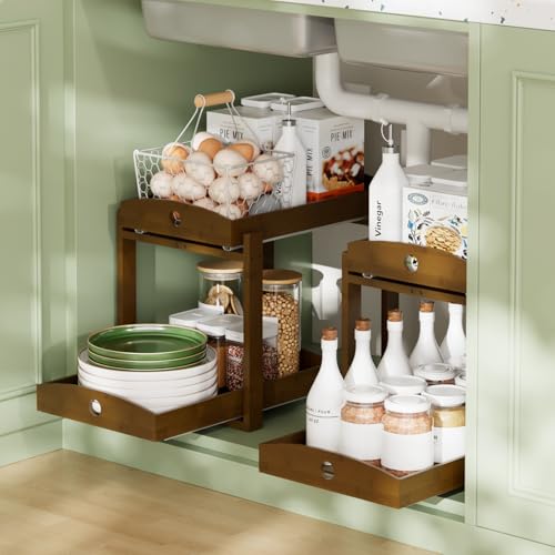 Bamboo Wood Under Sink Organizer 1 Pack, Pull Out Cabinet Organizer 2 Tier Under Sink Organizers and Storage w/Sliding Drawer Sturdy Easy Assembly for Kitchen Bathroom Undersink (Walnut, 2 Packs) - color: Walnut