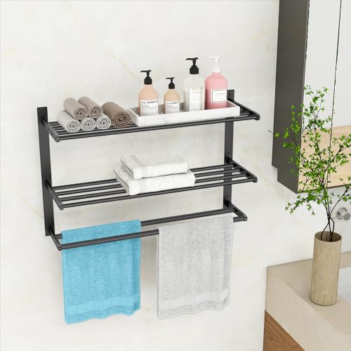Towel Racks for Bathroom 24 Inch, 3 Tier Towel Shelf with Double Towel Bar, Wall Mounted Towel Rack SUS 304 Stainless Steel, Towel Storage for Bathroom Lavatory, Black - color: Black, size: 3-Tier