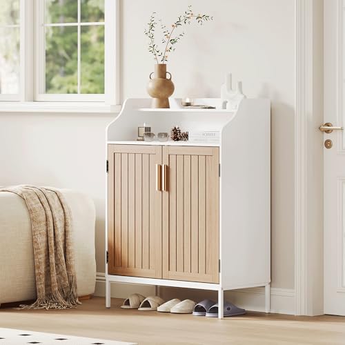 Patikuin Shoe Storage Cabinet for Entryway, 5-Tier White Shoes Cabinet w/Doors and 3 Adjustable Shelves, 41" Tall Wood Shoe Rack for Closet, Modern Shoes Organizer for Entryway, Hallway, Living Room - color: White + Brown