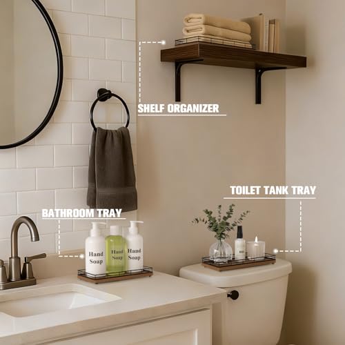 Bathroom Vanity Tray for Countertop, 12" x 6" Acacia Wood Toilet Tank Tray with Metal Guardrail, Bathroom Organizer for Soap, Perfume & Skincare, Non-Slip Decorative Tray for Dresser, Black & Acacia - color: Acacia, size: 12" x 6" x 1.5"