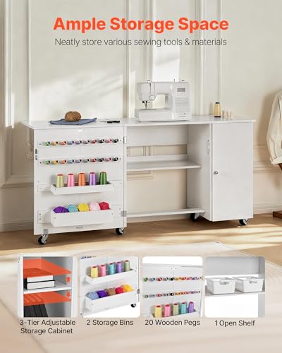 VEVOR Folding Sewing Table, Multipurpose Sewing Machine Table with Cabinet, Compact Design, Wheels, Wooden Pegs, Storage Trays and Shelf, Magnetic Door, Craft Station and Side Desk for Home, White - size: White w/ Cabinet