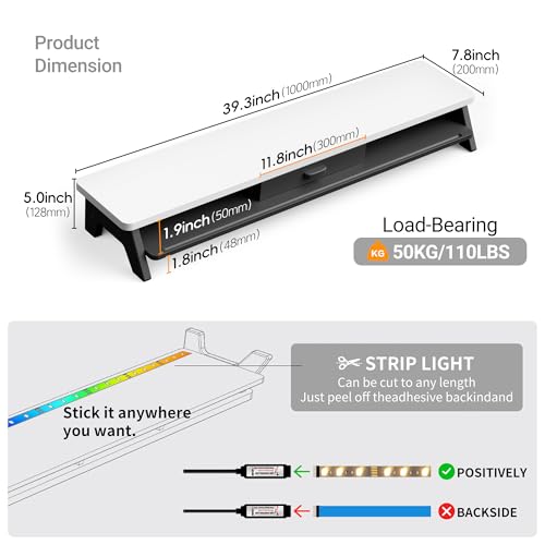 AFOOYO Dual Monitor Stand Riser,LED 2-Tier 39.3 Inch Computer Monitor Stand for 2 Monitors,Office Desktop Organizer with Storage Drawer and Phone Holder for Laptop,PC,Computer,Printer,White - color: LED-White, size: 2 Tier
