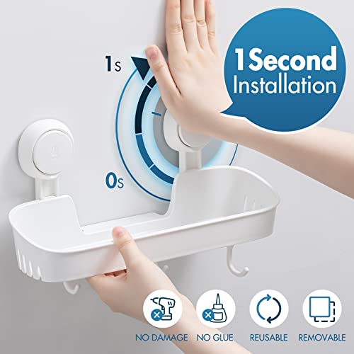 TAILI Shower Caddy with 4 Hooks Suction Cup Shower Shelf Hanging Bathroom Rack Removable & Reusable No Drilling Plastic Wall Mounted Bath Shelves Storage White - style: Modern