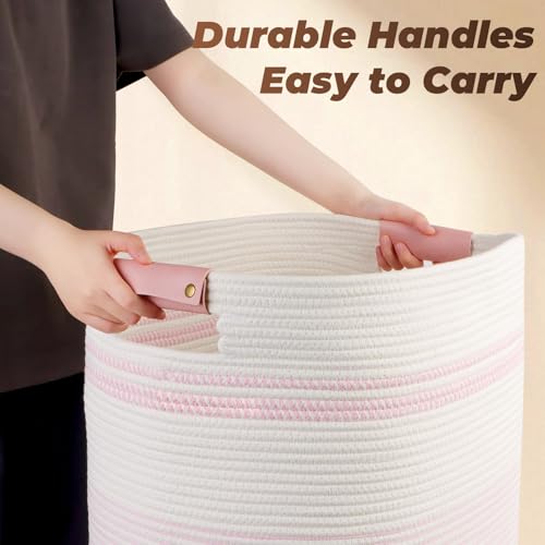 AINUOQI Laundry Basket with Handles - Blanket Basket & Hampers for Bedroom Aesthetic, Laundry Hamper & Blanket Storage for Living Room, Clothes Hamper, Tall, Large 17" x 14" x 22”, Pink & White - color: Pink & White, size: 85L