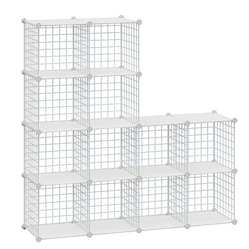 HUBSON Wire Cube Storage Organizer, Book/Toy/Craft/Potted Plants and petCloset Organizers and Storage Shelves, 12-Cube Freely Combinable Metal Grids Storage Shelf,White Plus Iron - color: White Plus Iron, size: 12 Cubes