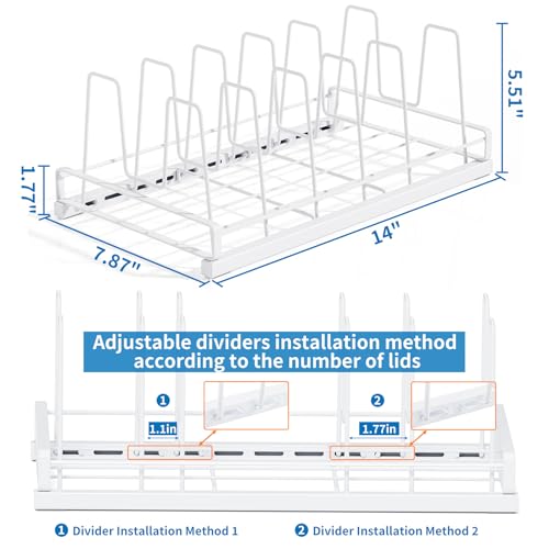Food Container Lid Organizer, Adjustable 6 Dividers Full-Metal Pot and Pan Organizer Rack for Kitchen Cabinets, Drawers, Cupboards, Pantry Shelves Storage, White - color: White,14",6 Dividers