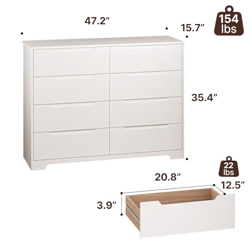 Gizoon 8 Drawer Dresser, 47" Wide White Dresser for Bedroom with Cut-Out Handles, Modern Wooden Chest of Drawers with Anti-Tip Kit, for Living Room, Hallway, Entryway, Home Office - color: White, size: 15.7"D x 47.2"W x 35.4"H (8 Drawers)