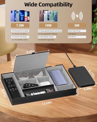 Leather Valet Tray with Wireless Charging Pad - Luxury EDC Nightstand Organizer for Men - Premium Desk Tray for Phone, Watch, Glasses & Keys - Sleek Office Desk Accessories & Gift for Him (Black) - color: Black with Lid