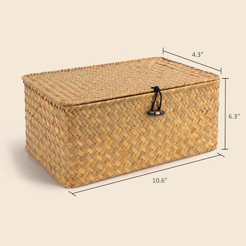 Nonam Small Basket with Lid, Natural Seagrass Bin with Lid, Shelf Baskets Multipurpose Container for Boho Decoration, Rectangular Household Storage Boxes for Home Organization-Natural - color: S-Natural