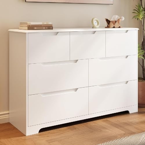 Gizoon 7 Drawer Dresser, 48" Wide White Dresser for Bedroom, Chest of Drawers with Handle Free Design, Modern Storage Organizer for Living Room, Kids Room, Entryway, Hallway, White - color: White, size: 15.7"D x 47.2"W x 32.7"H (7 Drawers)