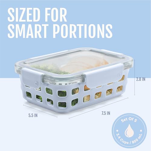 Ello Duraglass 3.4 Cup Meal Prep Sets 10Pc, 5 Pack Set- Glass Food Storage Container with Silicone Sleeve and Airtight BPA-Free Plastic Lids, Dishwasher, Microwave, and Freezer Safe, Halogen Blue - color: Halogen Blue with Sleeve, size: 3.4 Cup