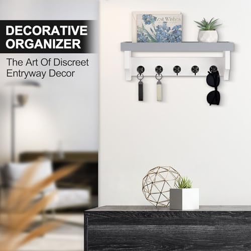Key and Mail Holder Wall Mount, Key Holder with Shelf and Mail Organizer Wall Mount. Mail Holder with 5 Hooks for Coat, Dog Leash, Home Decor Rack, Entry Way Organizer (Gray & White) - color: Gray & White