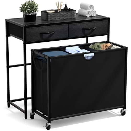Sorbus 3 Section Laundry Hamper with Shelf and 2 Drawers for Laundry Room Organization, Laundry Basket with Wheels, Rolling Laundry Hamper, Laundry Sorter for Optimal Storage and Organization (Black) - color: Black