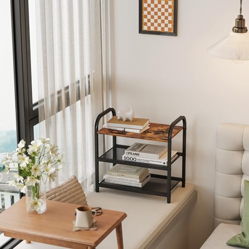 3-Tier Shoe Rack, Heavy-Duty Metal Grid, Rustic Wooden Top & Guardrails - for Entryway, Closet, Bathroom (Holds 6 Pairs, Space-Saving) - size: 17.32" X 10.24" X 16.93"
