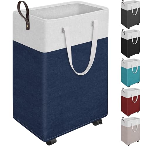 HomeHacks 90L Rolling Laundry Hamper with 4 Smooth Wheels, Collapsible Waterproof Clothes Basket, Freestanding Tall Hamper with Extended Handles for Bedroom/Dorm/Laundry Room (Blue) - color: Blue, size: 90L