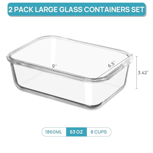 Vtopmart 2Pack 1860ml/63oz Large Glass Containers Food Storage with Lids, Meal Prep Food Container Set with Snap Airtight Lid for Baking, Microwave, Oven, Leak Proof, for Freezer, Dishwasher, Green - color: Green, size: 63oz