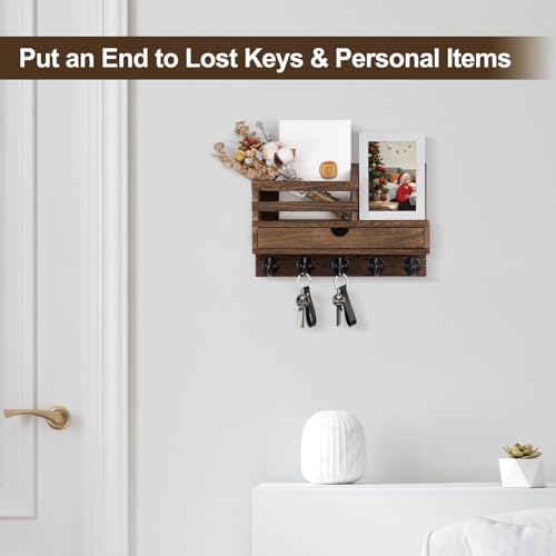 Key Holder Wall Mount, Mail Holder with Storage Drawer and 5 Key Hooks for Coat, Dog Leash, Home Decor Rack, House Accessories, Entry Way Organizer - color: Brown, size: Standard - 11.8 Inch