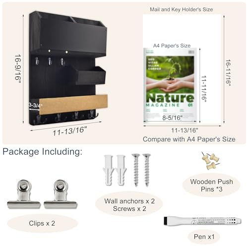 Mail Organizer Wall Mount，Key Holder Mail and Key Organizer for Wall with Shelf, Chalkboard, Corkboard, Home Decor for Room Office Entryway(Midnight Black) - color: Midnight Black, size: Vertical