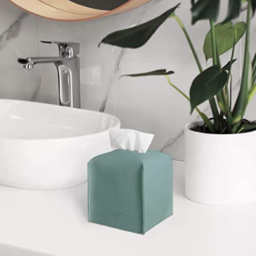 Carrotez Tissue Box Cover, [Refined] Modern PU Leather Square Tissue Box Holder - Decorative Holder/Organizer for Bathroom Vanity Countertop, Night Stands, Office Desk & Car 5"X5"X5" - Mint - color: Tiffany Mint, size: [Square]