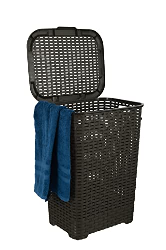 Laundry Hamper Basket With Lid 60 Liter - Deluxe Wicker Style Brown Color - 1.70 Bushel Bin With Cutout Handles To Storage Dirty Cloths in Washroom Bathroom, Or Bedroom. By Superio - color: Brown, size: 1-pack