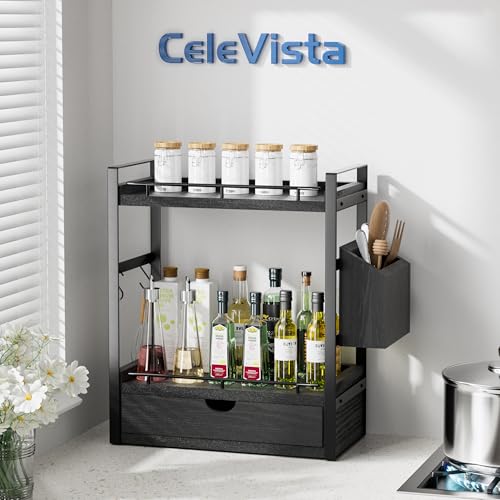2-Tier Wood Bathroom Counter Organizer, Countertop Organizer with Drawer and Storage Basket, Bathroom Sink Organizer for Vanity, Skincare, Makeup, and Daily Essentials (Black) - color: Black