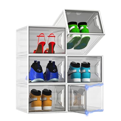 XL Large Stackable Shoe Boxes - Clear Plastic Shoe Storage Boxes with Magnetic Door, Thicken Shoe Organizer for Closet, Space Saving Foldable Shoe Containers Bins for Sneaker Boot - 6 Pack(White) - color: White