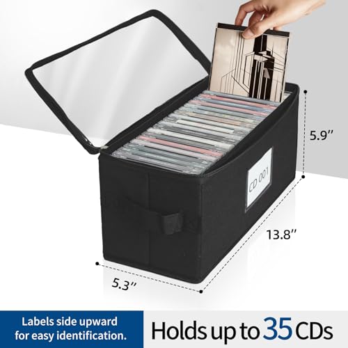 2 Pack Fabric CD Storage Box with Clear PVC Lid, Holds 35 Standard CD Cases, Zipper Closure for Dust Protection, Portable CD Organizer for Music Collection, Black - color: Black, size: Standard-2 Pack