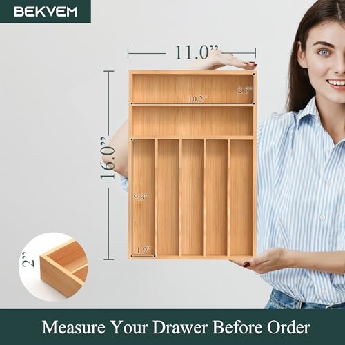 Silverware Organizer, Bamboo Kitchen Drawer Organizer, Utensil Holder, Cutlery Tray & Spoon Flatware Storage with Grooved Drawer Dividers (11''W x 16''D) - color: Natural, size: 11''W x 16''D