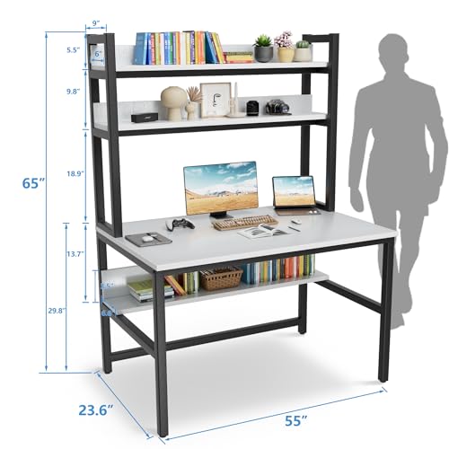 Aquzee Computer Desk, Easy Assembly Gaming Table with Hutch and Shelves, 4 Tiers Desk with Large Wood Desktop, Metal Legs, Ideal for Storage Study Work Writing Homework, White, 55Wx65Hx23.6D Inches - color: White, size: 55inch