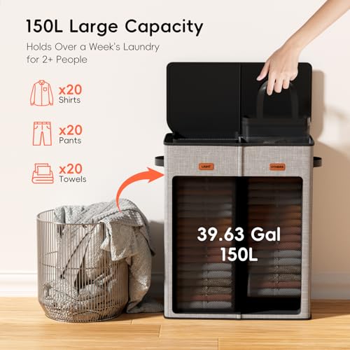 150L Double Laundry Hamper With Lid, Large Clothes Hampers with Removable Bag, Laundry Hamper 2 Section for Bathroom, Bedroom, Laundry Room, Dorm, Grey - color: Grey, size: 150L - 2 Section