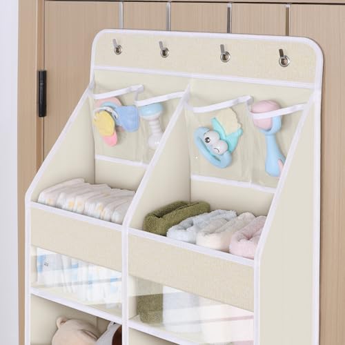 Univivi 5-Shelf Fabric Door Storage Over Door Hanging Organizer with 8 Large Pockets and 4 Small PVC Pockets Closet Cabinet Wall Mount Hanging Storage Organizers for Baby Nursery (Beige Pattern) - color: Beige Pattern (Upgraded), size: 5 LAYER