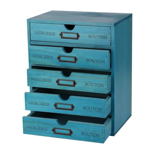 Wooden Storage Box with 5 Drawers Apothecary Drawers Vintage Wooden Drawers Wood Desktop Organizer with Drawer Library Card Catalog Cabinet Apothecary Cabinet （BLUE） - color: BLUE05