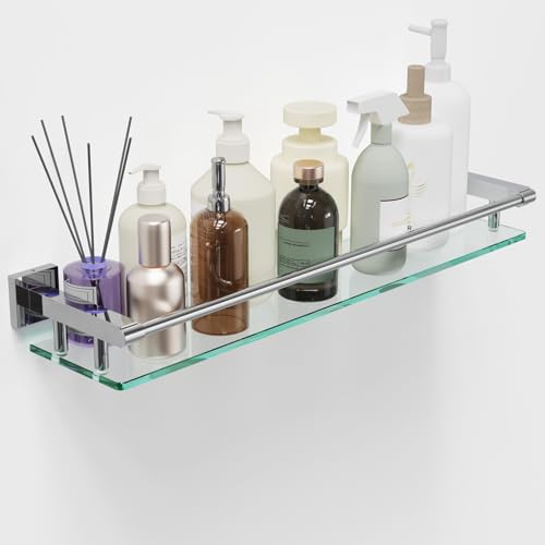 Glass Shelf for Bathroom Wall Sheves 24 inches Rectangular Stainless Steel Tempered Glass Modern Wall Mount Accessories Organizers Storage (Chrome Polished, 24‘’) - color: Chrome Polished, size: 24'' with Railing