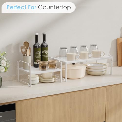 2 Pack 11” Width Expandable Kitchen Cabinet Organizer Shelves, Heavy Duty Kitchen Countertop Organizers and Storage Rack, Stackable Metal Small Storage Shelf For Pantry Counter Cupboard Organization - color: White