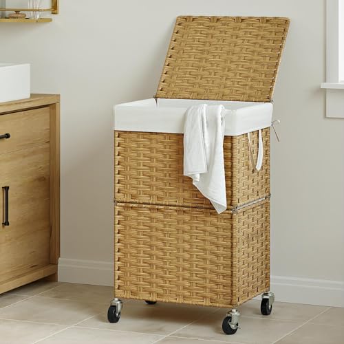 Chrislley 90L Slim Laundry Hamper with Wheels, Rolling Laundry Basket with Lid and Renovable Liner Bag, Handwoven Rattan Organizer for bedroom, bathroom, laundry room (Yellow) - color: Yellow