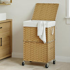 Chrislley 90L Slim Laundry Hamper with Wheels, Rolling Laundry Basket with Lid and Renovable Liner Bag, Handwoven Rattan Organizer for bedroom, bathroom, laundry room (Yellow) - color: Yellow
