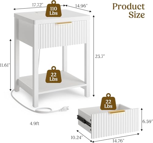 Lulive Wooden Modern White Night Stand, Fluted Nightstand with Charging Station (Set of 2, White) - color: White, size: 1 Drawer-Set of 2 Nightstand